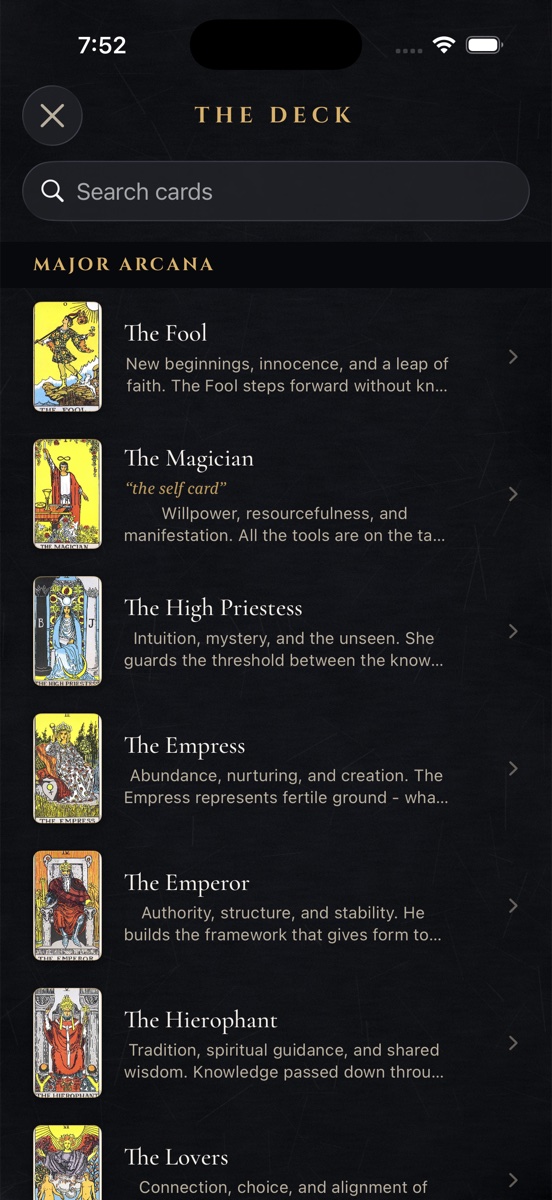 The Deck: a searchable library of all 78 cards with their meanings
