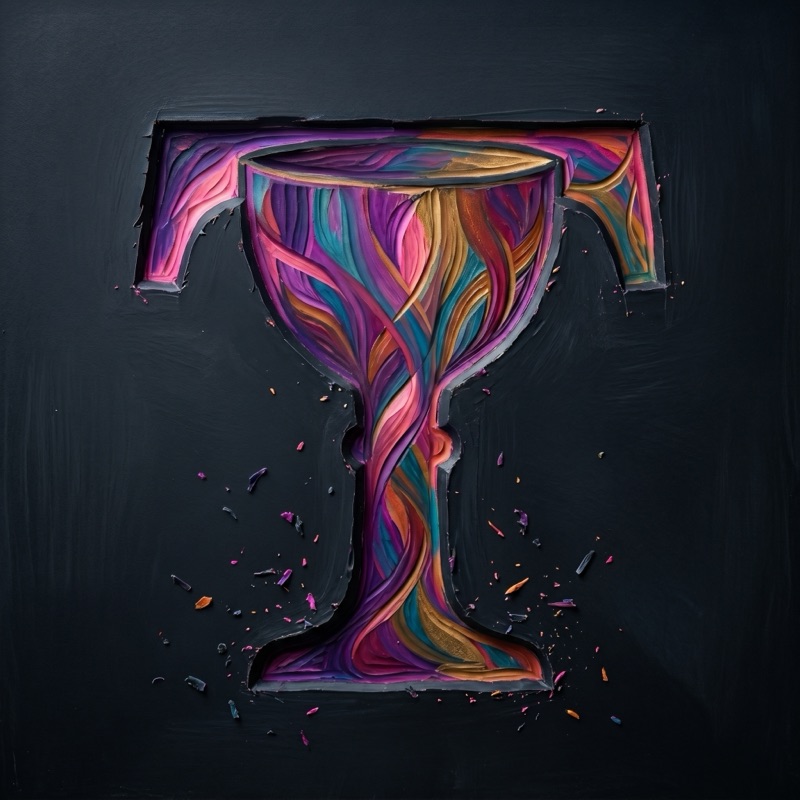 The Tarotdoxa goblet-T monogram, carved in violet, magenta, teal, and gold through black wax